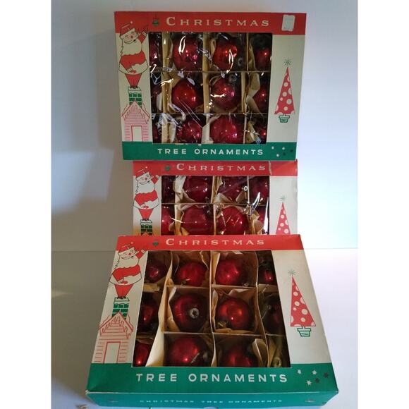 Vintage Red Christmas Tree Glass Ornaments 3 Boxes 36 Total Fantasia Santa Art